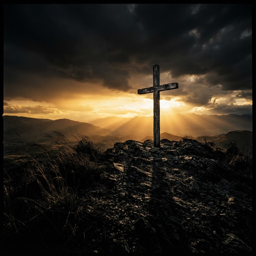 Cruz ao amanhecer — luz dourada atravessando nuvens escuras