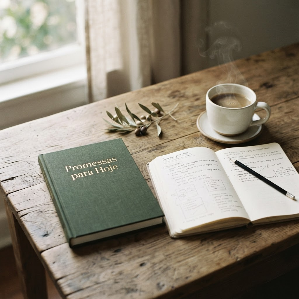 Livro Promessas para Hoje sobre mesa de madeira com luz natural da manhã